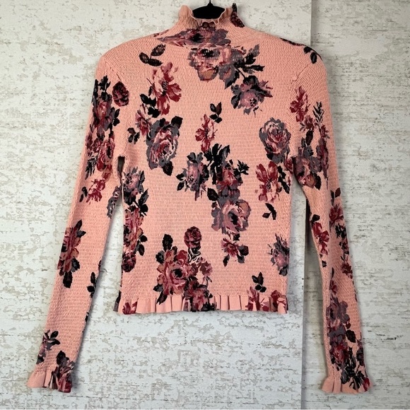 Zara Pink Floral Smocked Top Medium Boho Ruffled Mock Neck and Hem Cottagecore - Picture 8 of 15